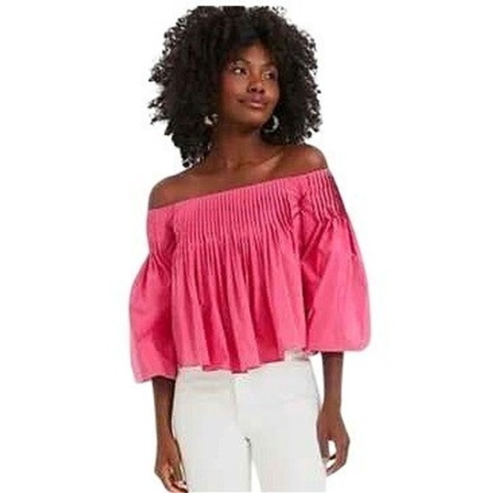 Hyacinth House Tuckernuck Bright Pink Pleated‎ Portia Off-the-Shoulder Top XS